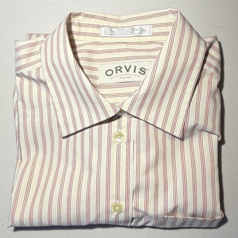 Orvis Mens 16 Burgundy Orange Striped Wrinkle Free Button Down Shirt Long Sleeve